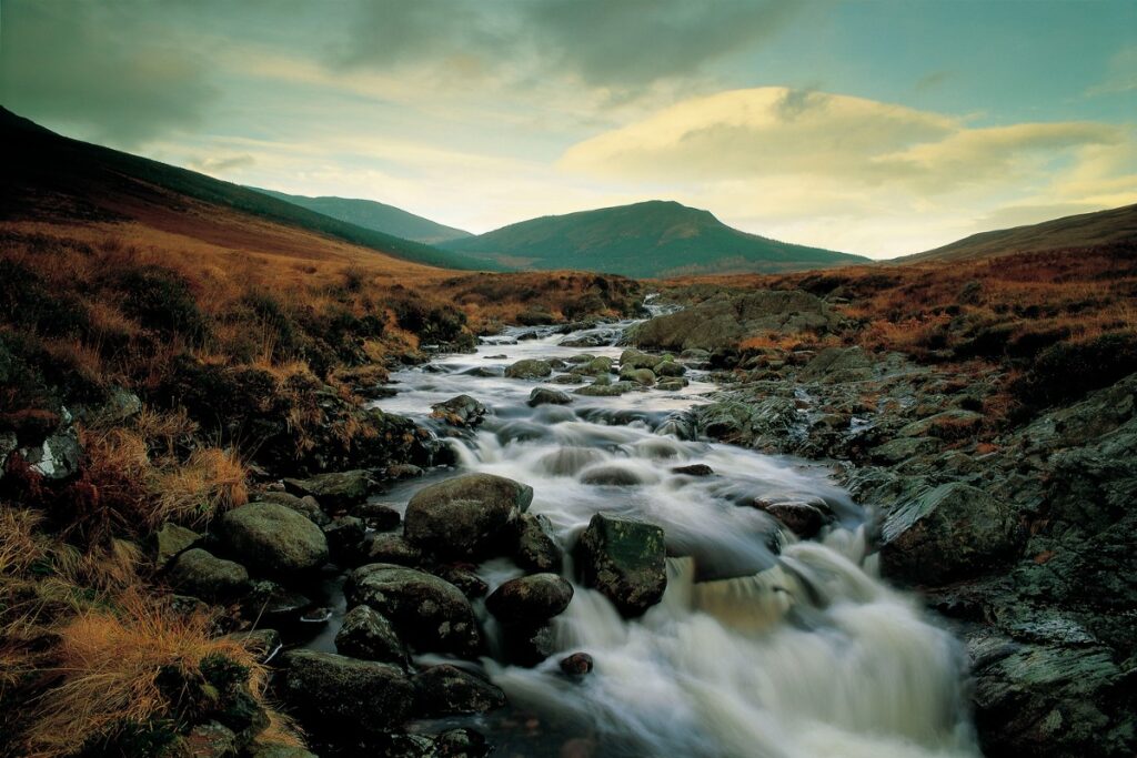 Mountains and river in a glen on the Isle of Arran, Scotland